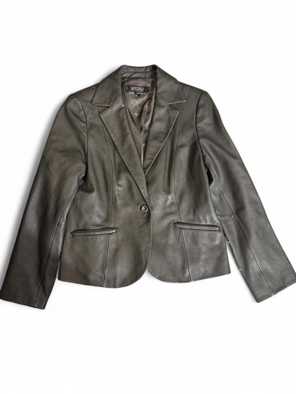 Kasper Dark Olive Leather Single-Button Blazer